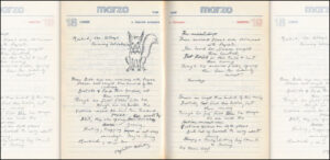 A notebook showing Burgess's writings and a doodle of a fox