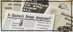 A montage of press clippings about A Clockwork Orange