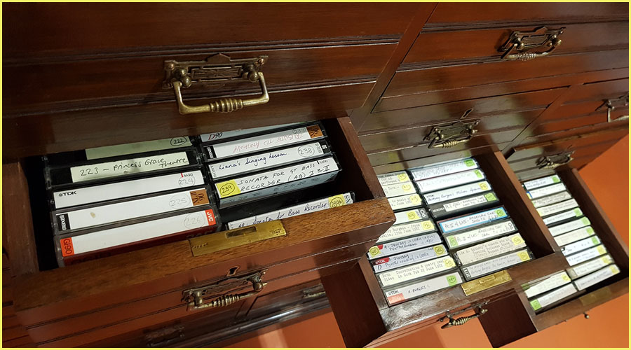 Drawers of cassette tapes