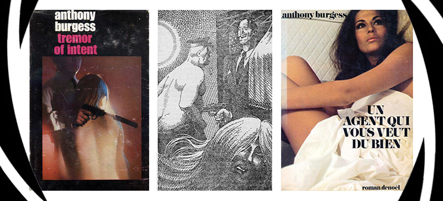 Tremor of Intent book covers including a semi-nude woman under a bed sheet