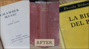 Three books in various states of restored condition