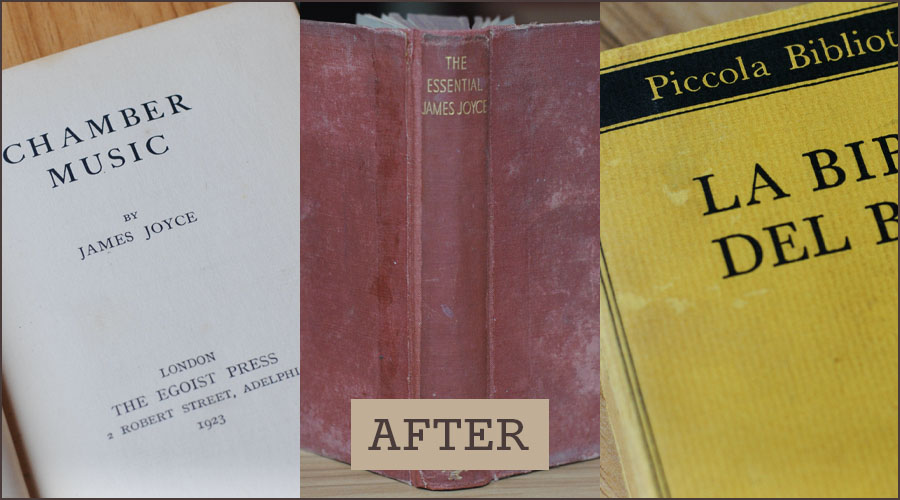 Three books in various states of restored condition