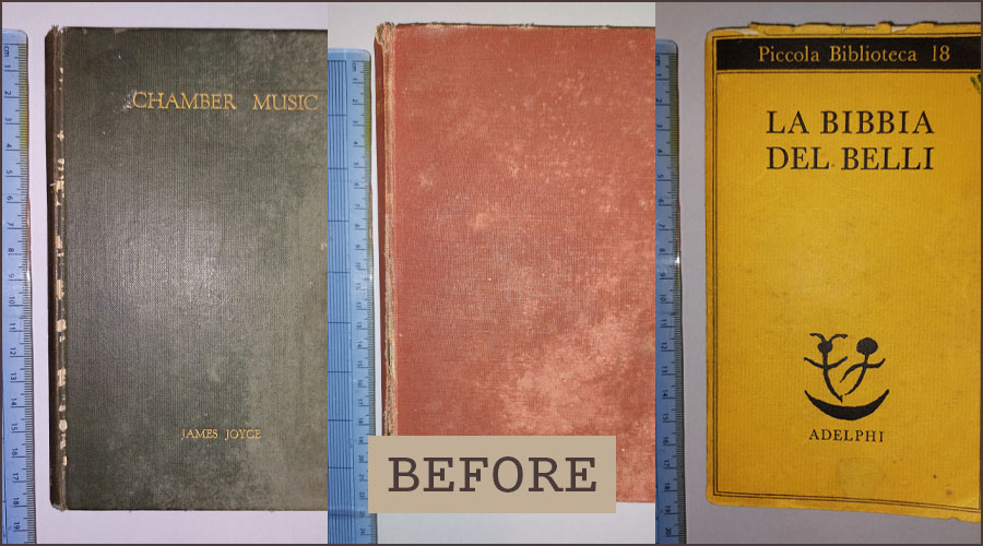 Three slightly tattered books with measuring rules next to them