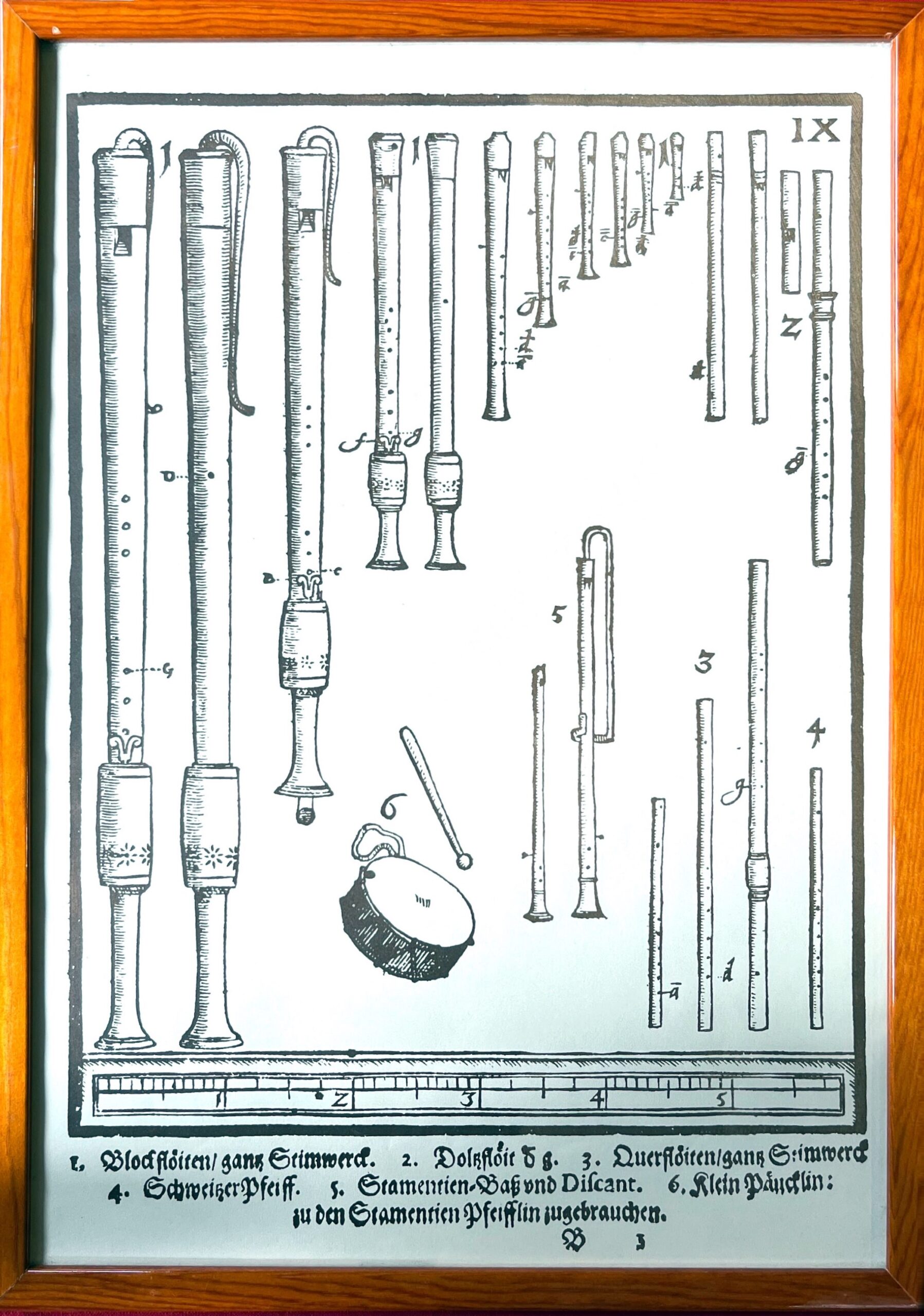Print of woodwind instruments, based on an original illustration from 'Syntagma Musicum' (1614), a guide to seventeenth-century music performance by Michael Praetorius.