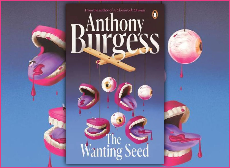 The Wanting Seed book cover with false teeth dangling from a puppeteer's marionette bars