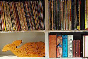 Archive picture with records, books and fish jigsaw